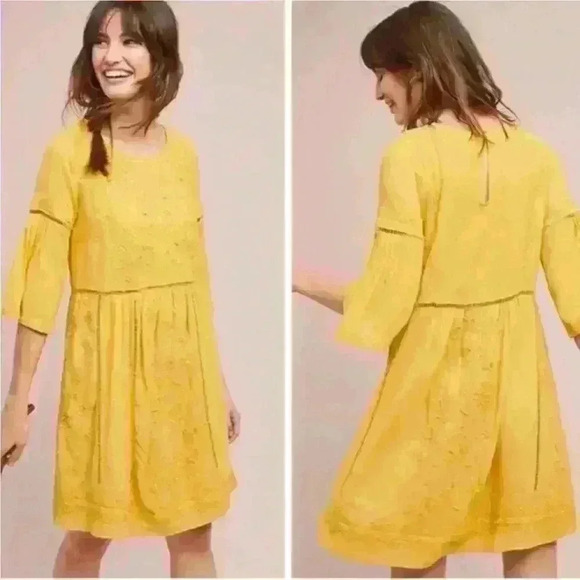Anthropologie Akemi + Kin Mustard Yellow/Gold Embroidered Dress Size XS - Picture 10 of 10